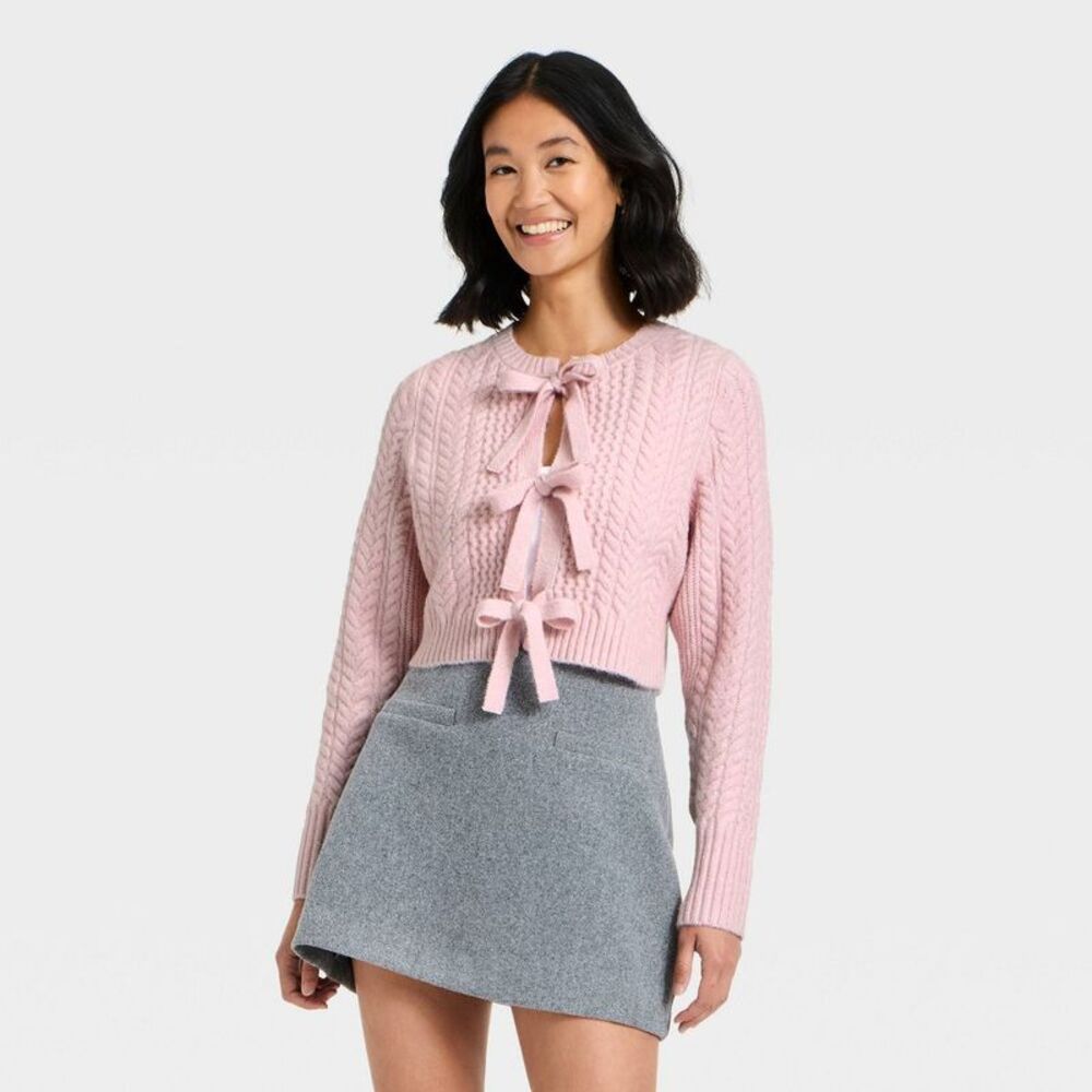 a new day Pink Cable Knit V-Neck Tie-Front Sweater